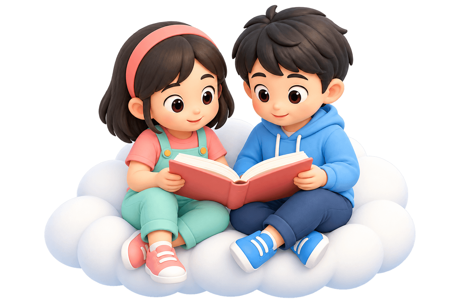 Dua anak membaca buku bersama di atas awan