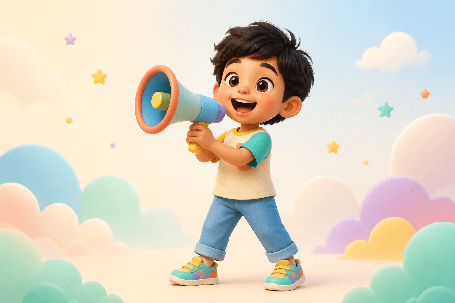 Anak ceria memegang pengeras suara untuk menyampaikan suara anak